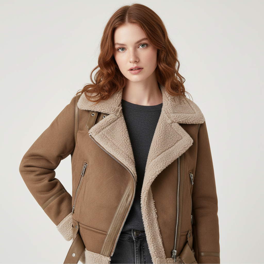 Biker Jacket with Teddy Lining for Women - Amy