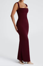 Burgundy Maxi Dress with Square Neckline and Elegant Fit - Lia