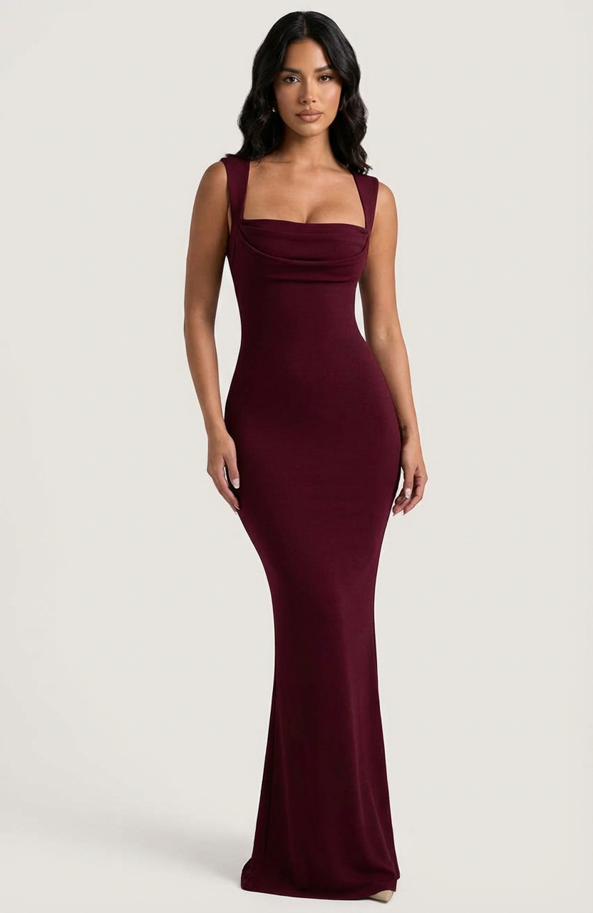 Burgundy Maxi Dress with Square Neckline and Elegant Fit - Lia