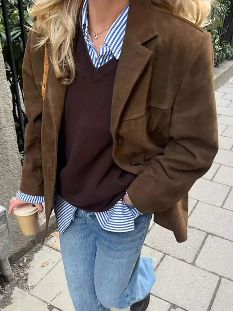 Brown Suede-Look Women's Jacket - Esra