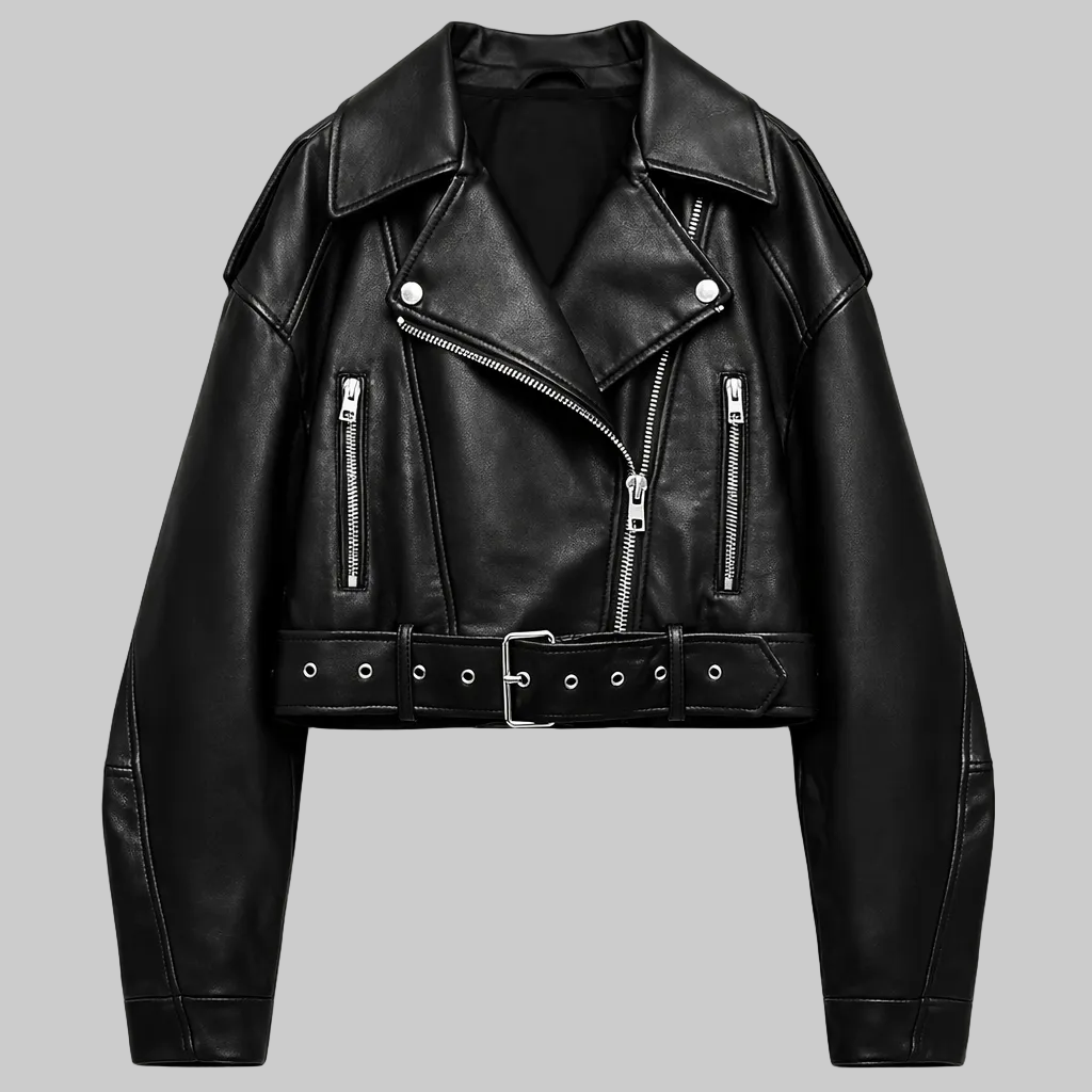 Angelique | Cropped Leather Women's Jacket with Belt