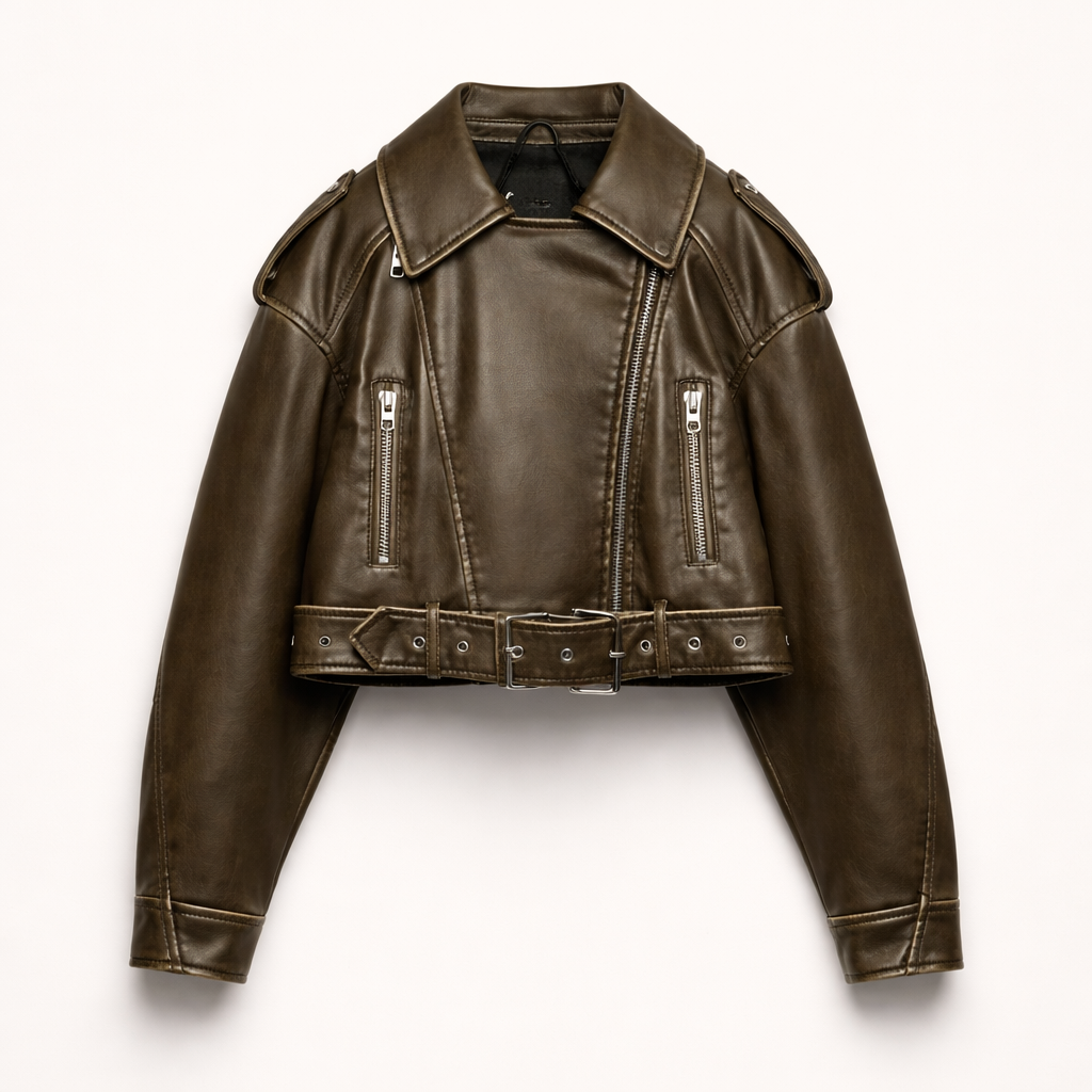 Angelique | Cropped Leather Women's Jacket with Belt