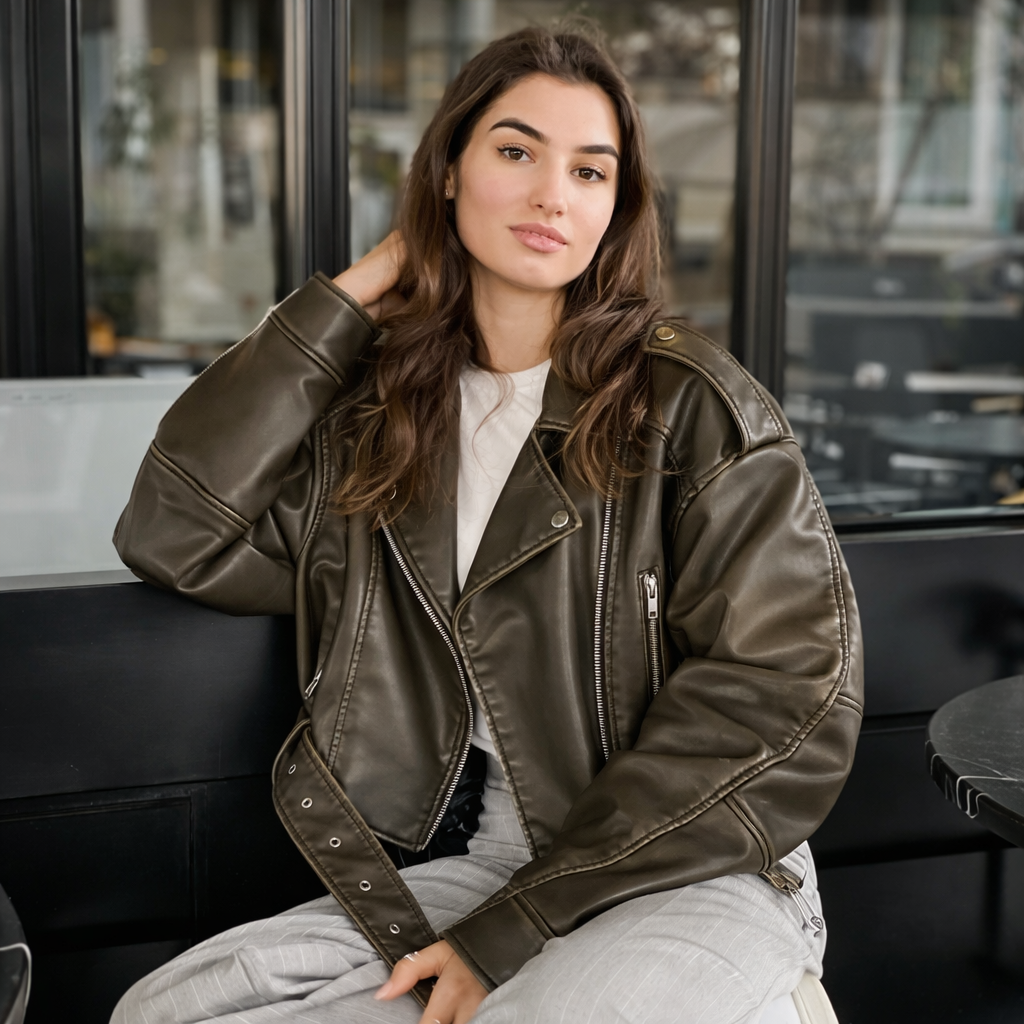 Angelique | Cropped Leather Women's Jacket with Belt