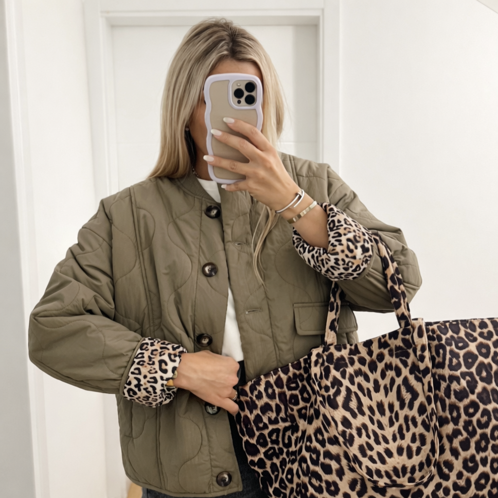 Uma | Luxury Mid-Length Jacket with Trendy Stitching - Leopard Print