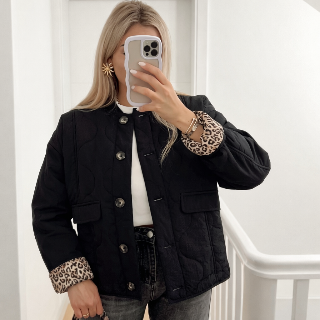 Uma | Luxury Mid-Length Jacket with Trendy Stitching - Leopard Print