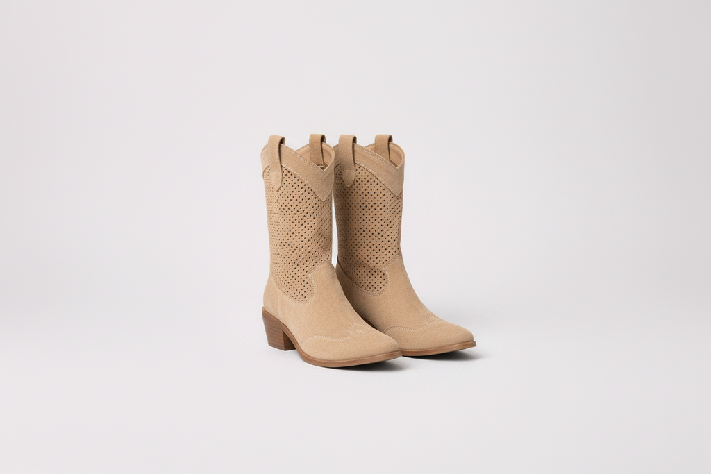 The Mary Stacy - Suede Western Ankle Boots with Perforation combine classic western style with contemporary flair.