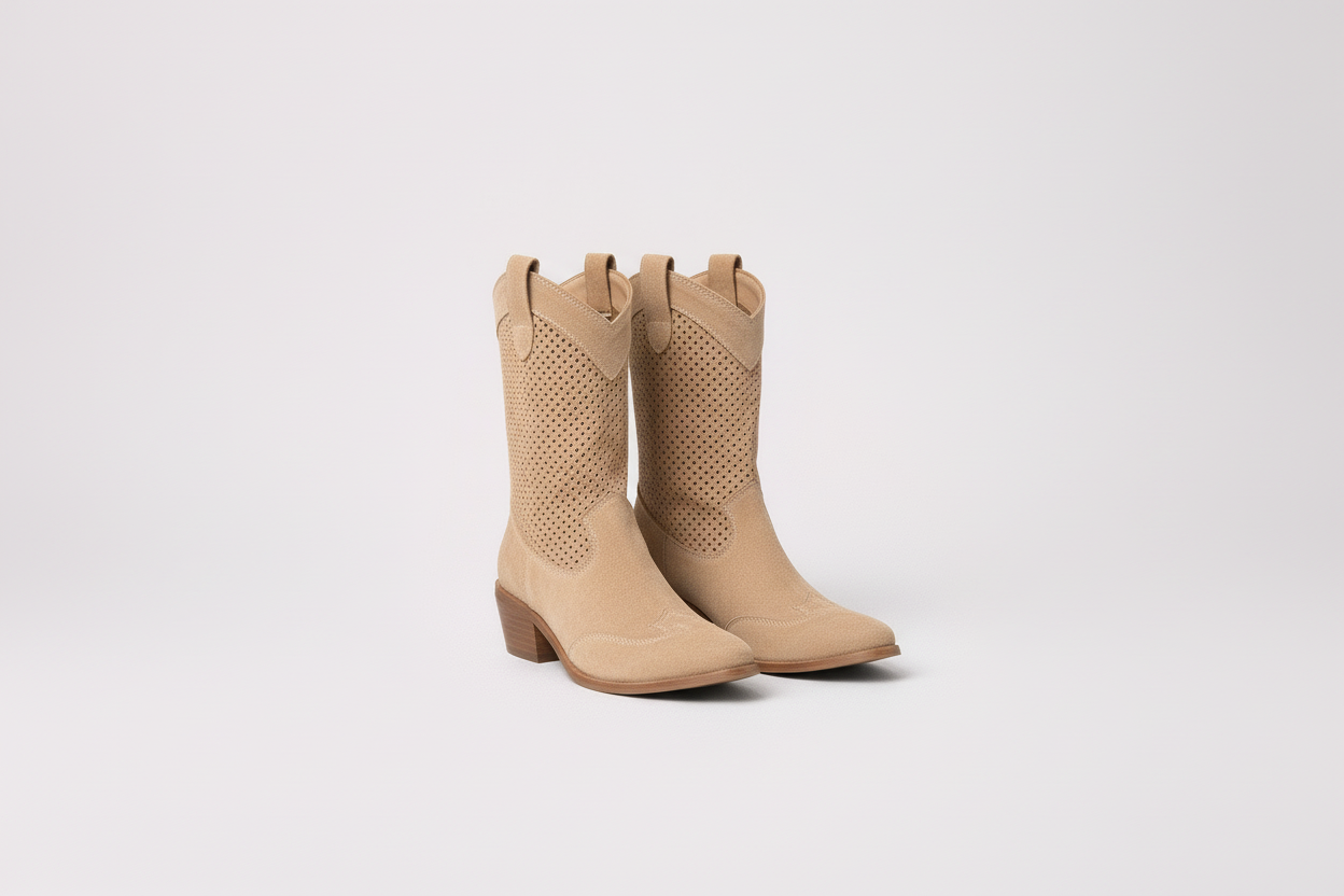 The Mary Stacy - Suede Western Ankle Boots with Perforation combine classic western style with contemporary flair.
