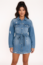 The Yasmina Elisa Casual Denim Belted Jacket Dress
