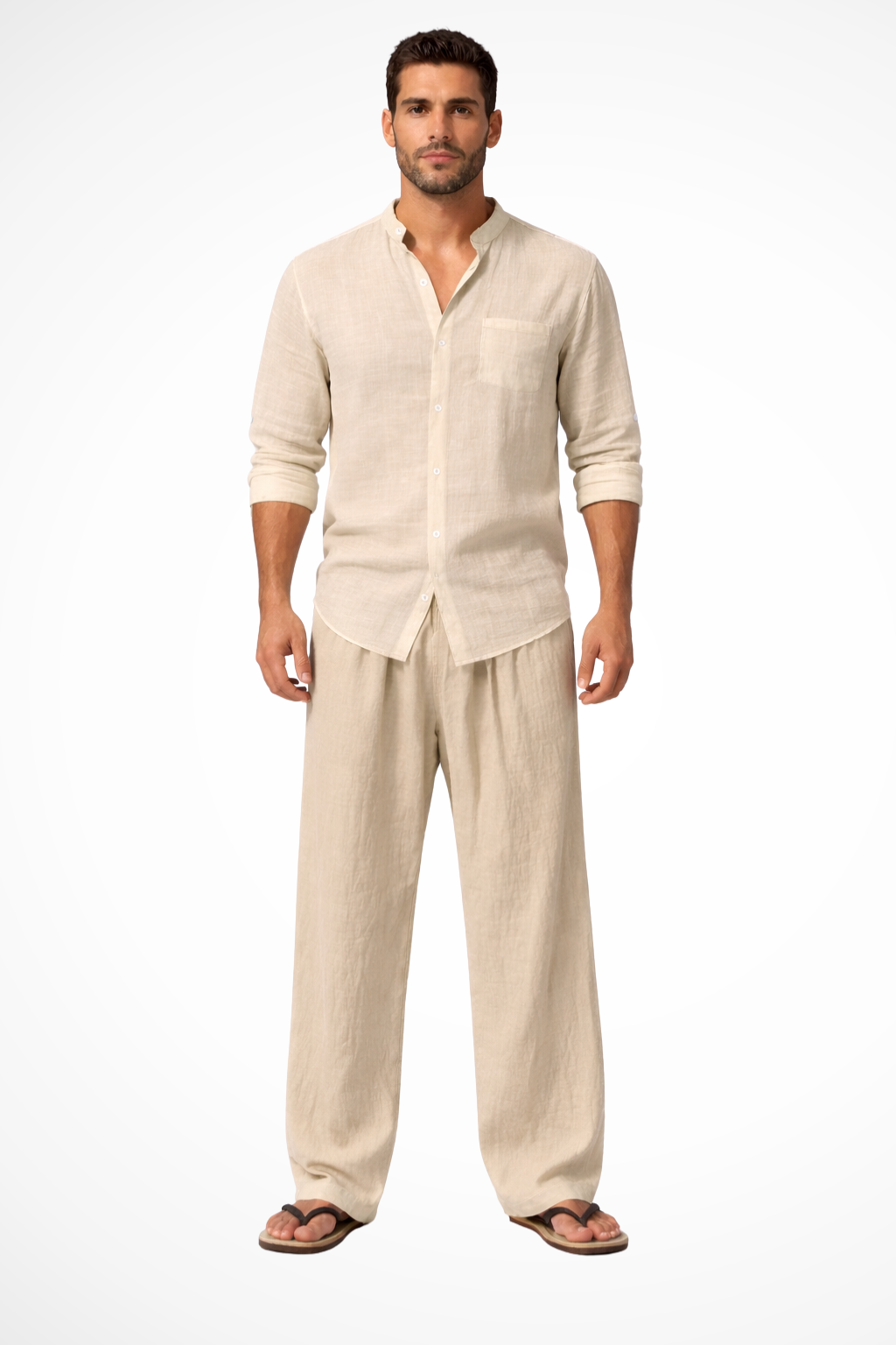 Liam | Men Grandad Collar Long Sleeve Linen Shirt and Straight Leg Trousers Set