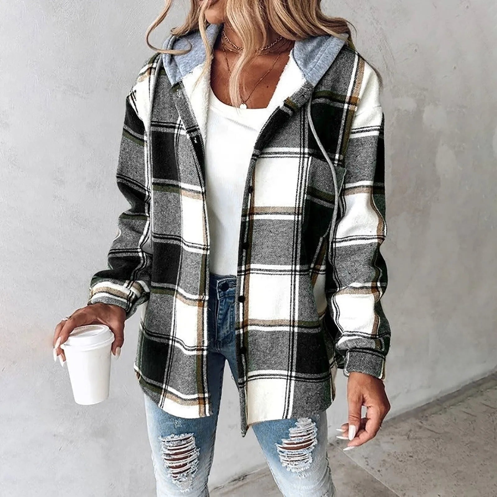 Women's Jacket with Hood and Mixed Texture - Esra