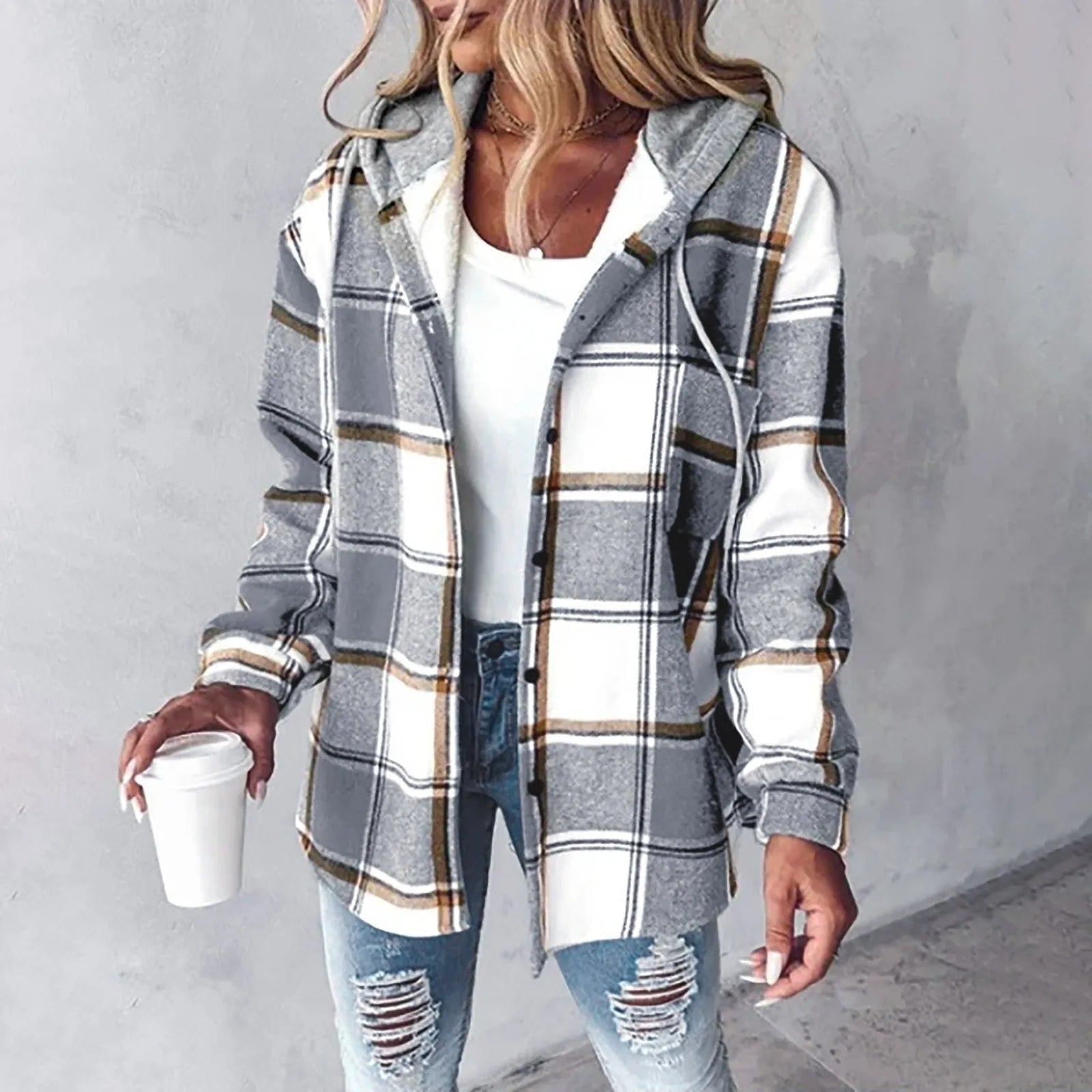 Women's Jacket with Hood and Mixed Texture - Esra