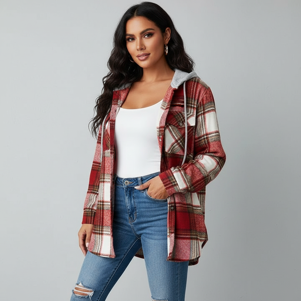 Women's Jacket with Hood and Mixed Texture - Esra