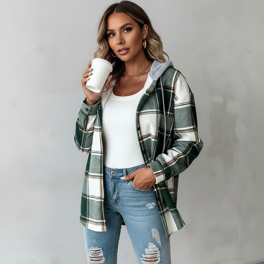 Women's Jacket with Hood and Mixed Texture - Esra