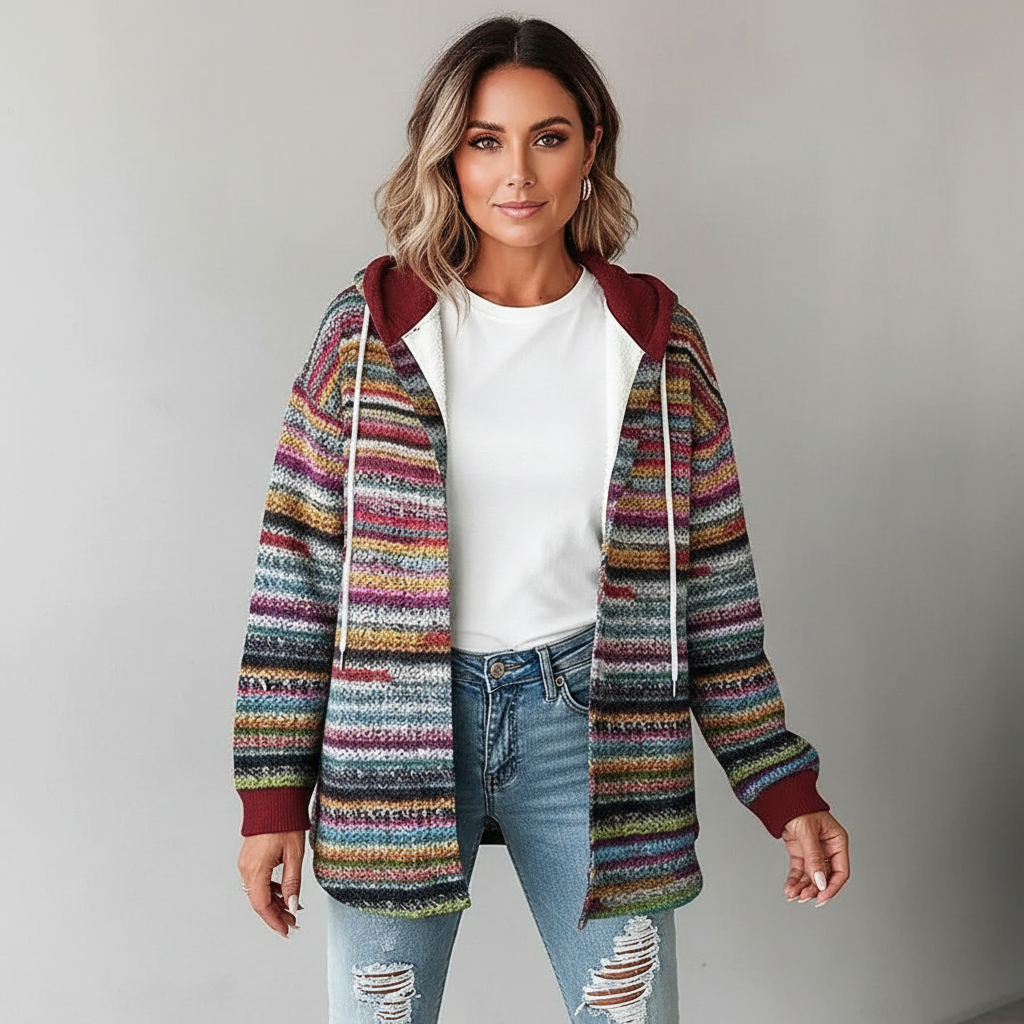 Women's Jacket with Hood and Mixed Texture - Esra