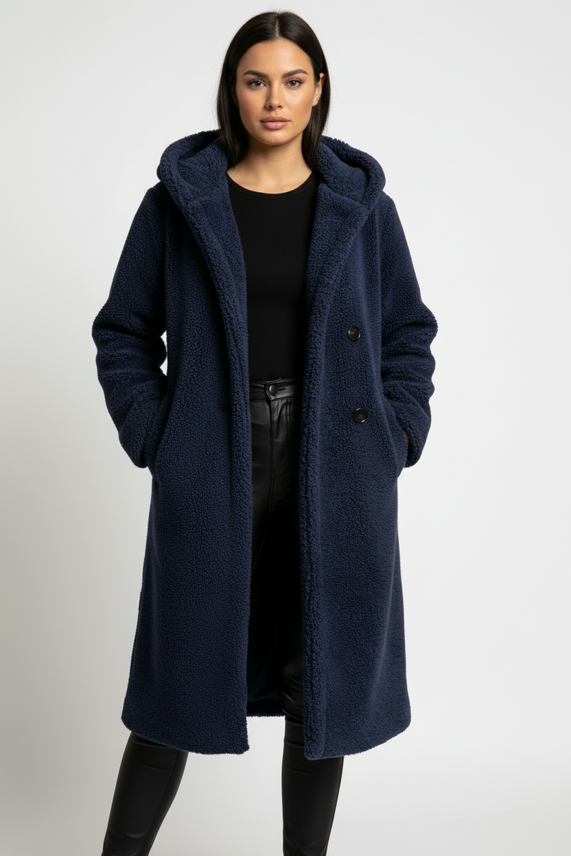 Women's Teddy Coat with Hood and Button Closure - Amy