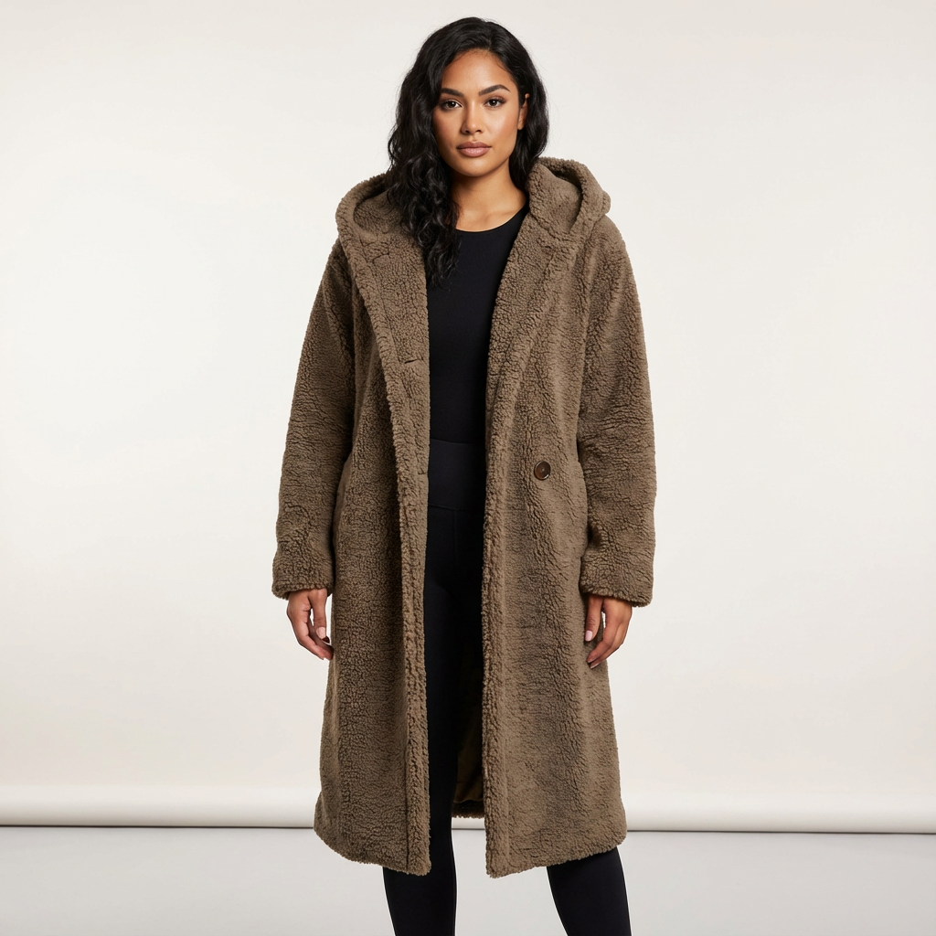 Women's Teddy Coat with Hood and Button Closure - Amy