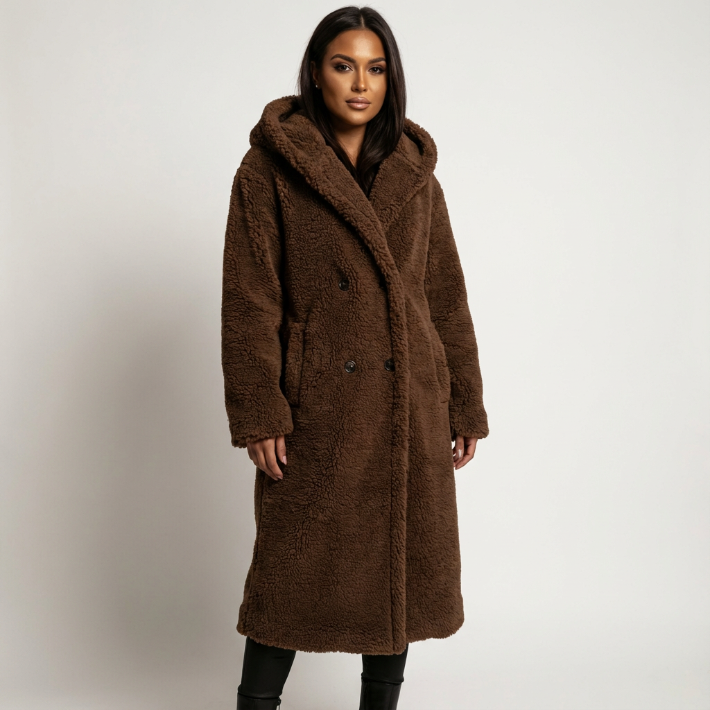 Women's Teddy Coat with Hood and Button Closure - Amy