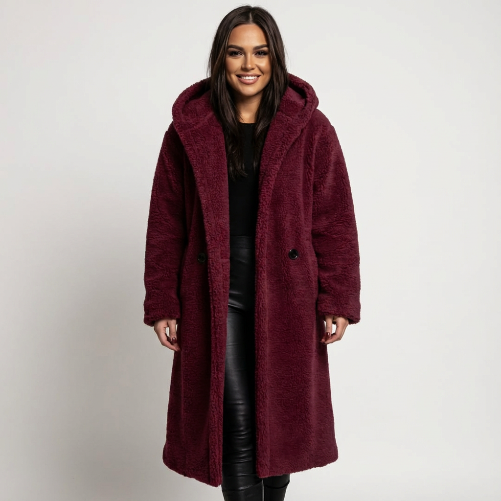 Women's Teddy Coat with Hood and Button Closure - Amy