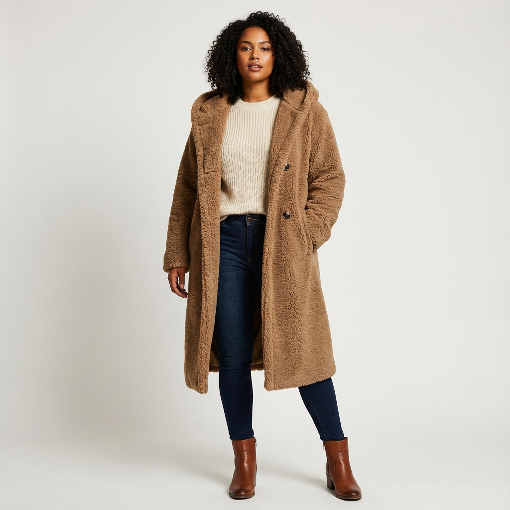 Women's Teddy Coat with Hood and Button Closure - Amy