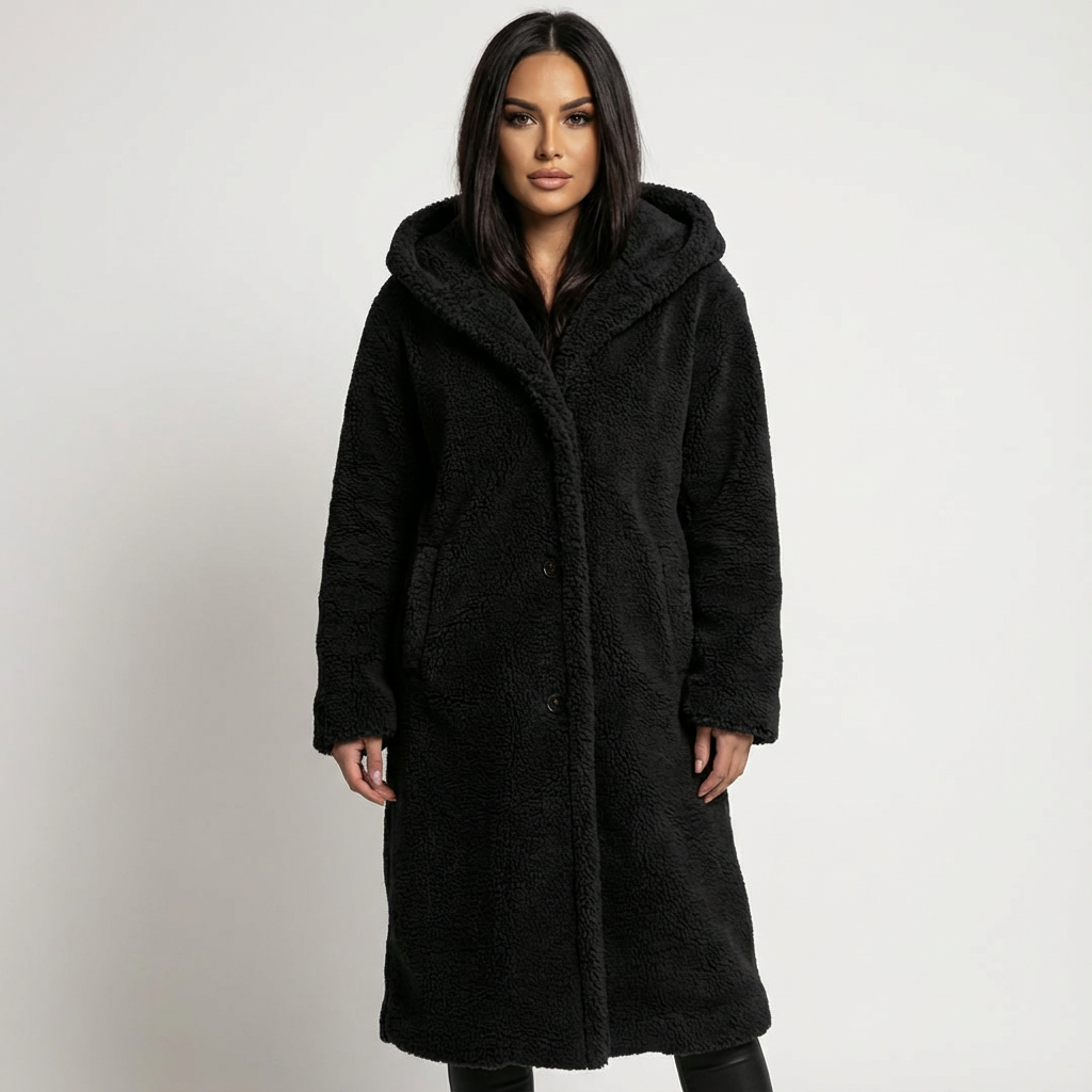 Women's Teddy Coat with Hood and Button Closure - Amy