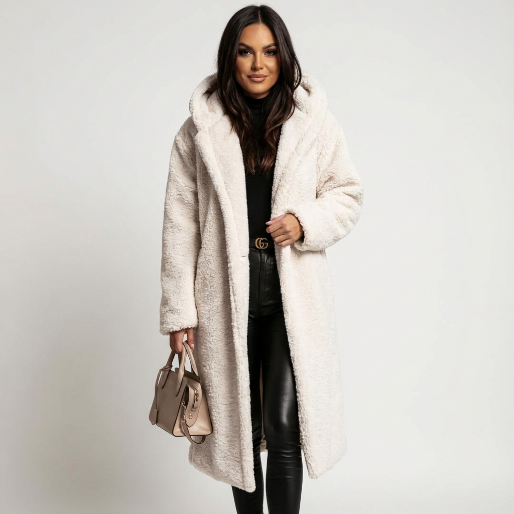 Women's Teddy Coat with Hood and Button Closure - Amy