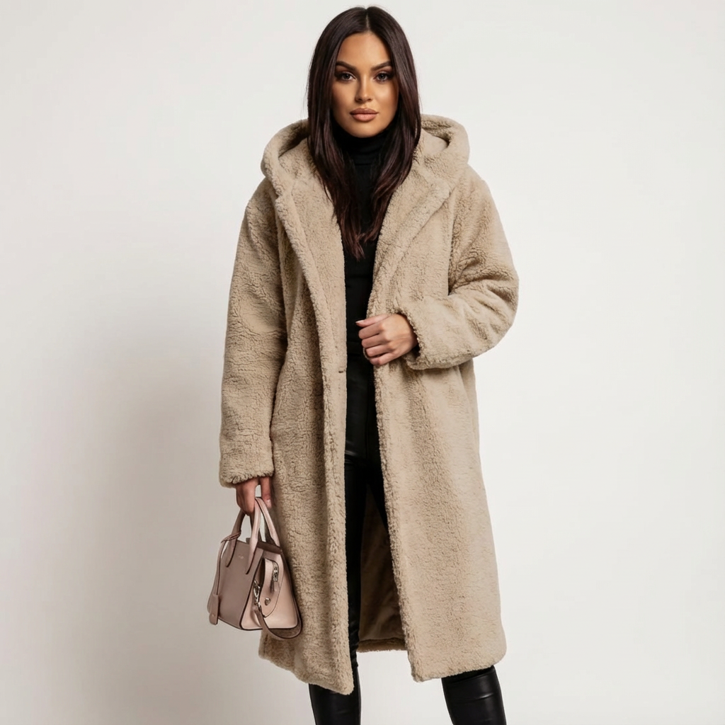 Women's Teddy Coat with Hood and Button Closure - Amy