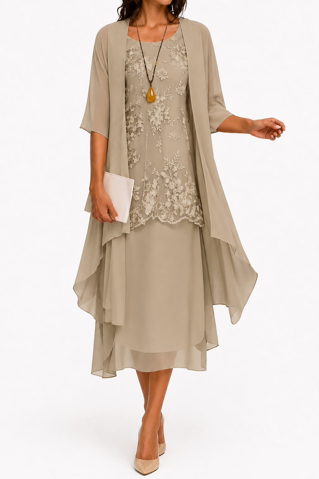 Elcevi | Dress with Round Neckline and 3/4 Sleeves for Wedding Guests For Women