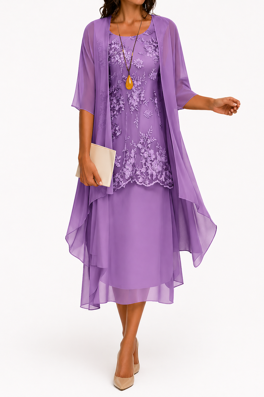 Elcevi | Dress with Round Neckline and 3/4 Sleeves for Wedding Guests For Women
