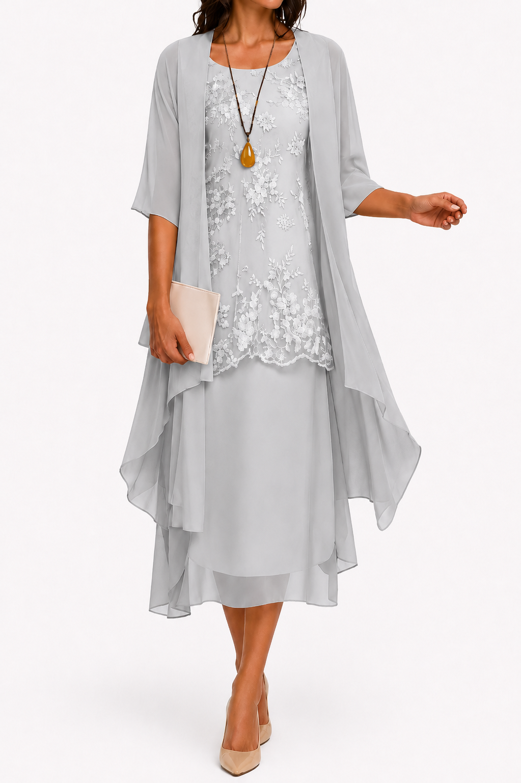 Elcevi | Dress with Round Neckline and 3/4 Sleeves for Wedding Guests For Women