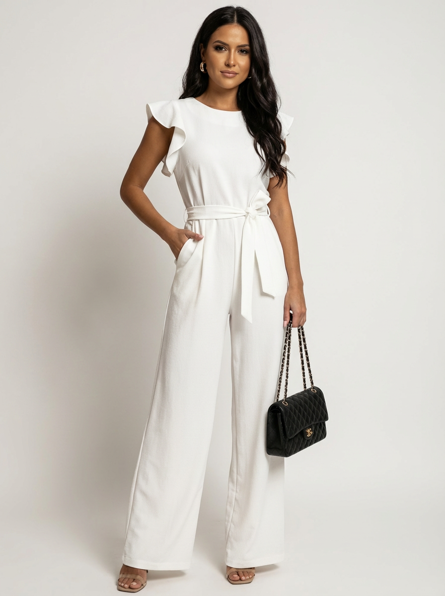 Elegant Women's Jumpsuit with Ruffle Sleeves and Belt