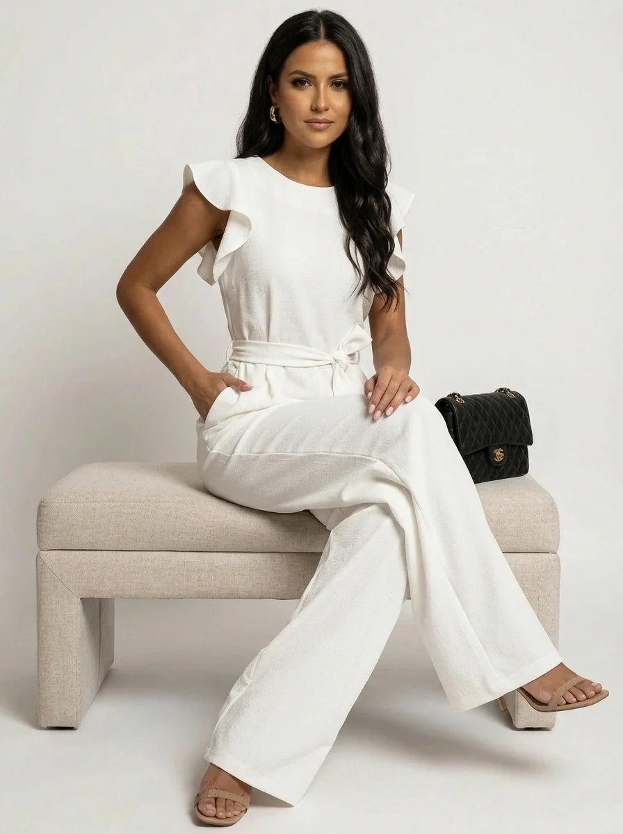 Elegant Women's Jumpsuit with Ruffle Sleeves and Belt