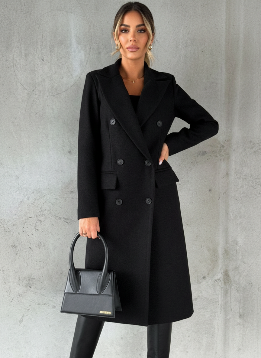 Elegant Long Double-Breasted Women's Coat - Esra