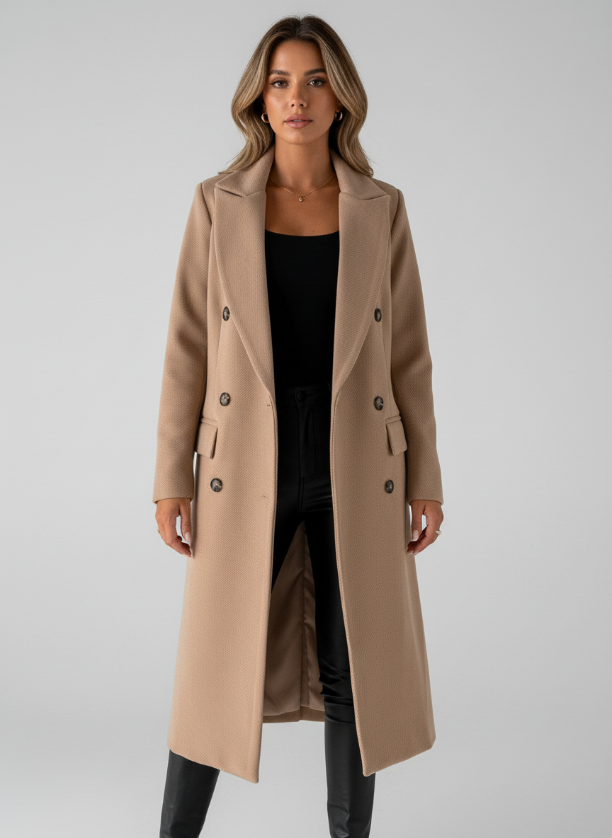 Elegant Long Double-Breasted Women's Coat - Esra