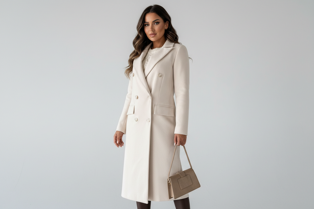 Elegant Long Double-Breasted Women's Coat - Esra