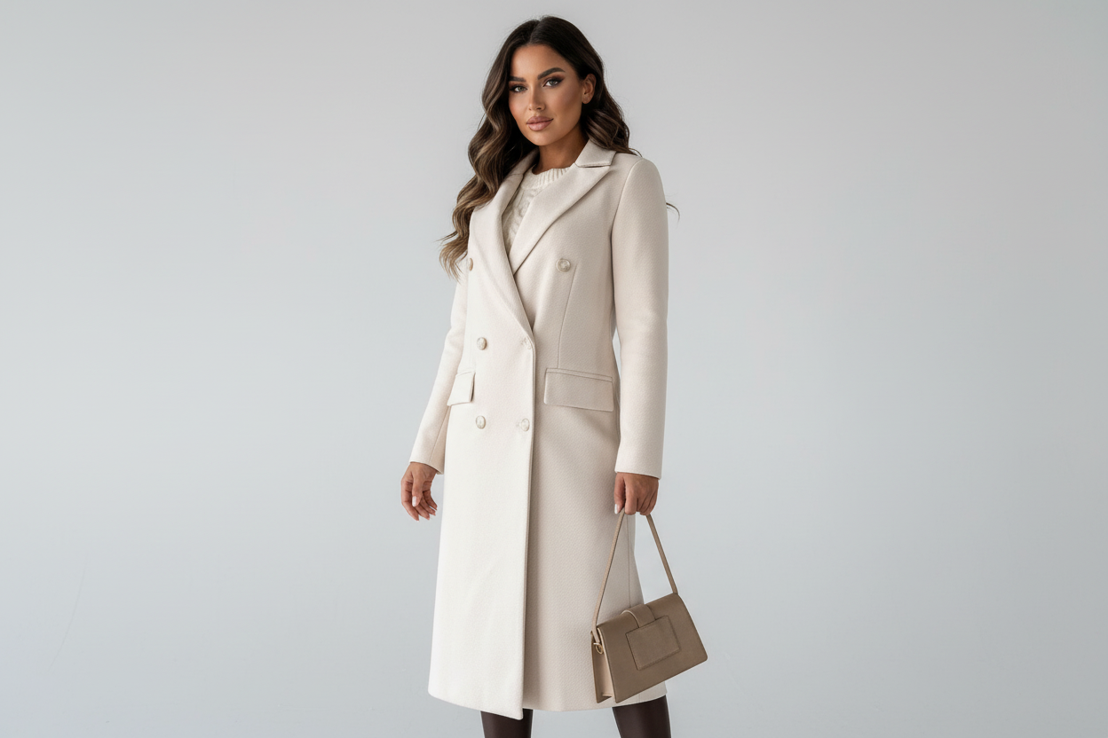 Elegant Long Double-Breasted Women's Coat - Esra