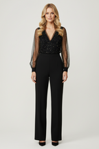 Elegant Black Women's Jumpsuit with Sheer Sleeves - Emma