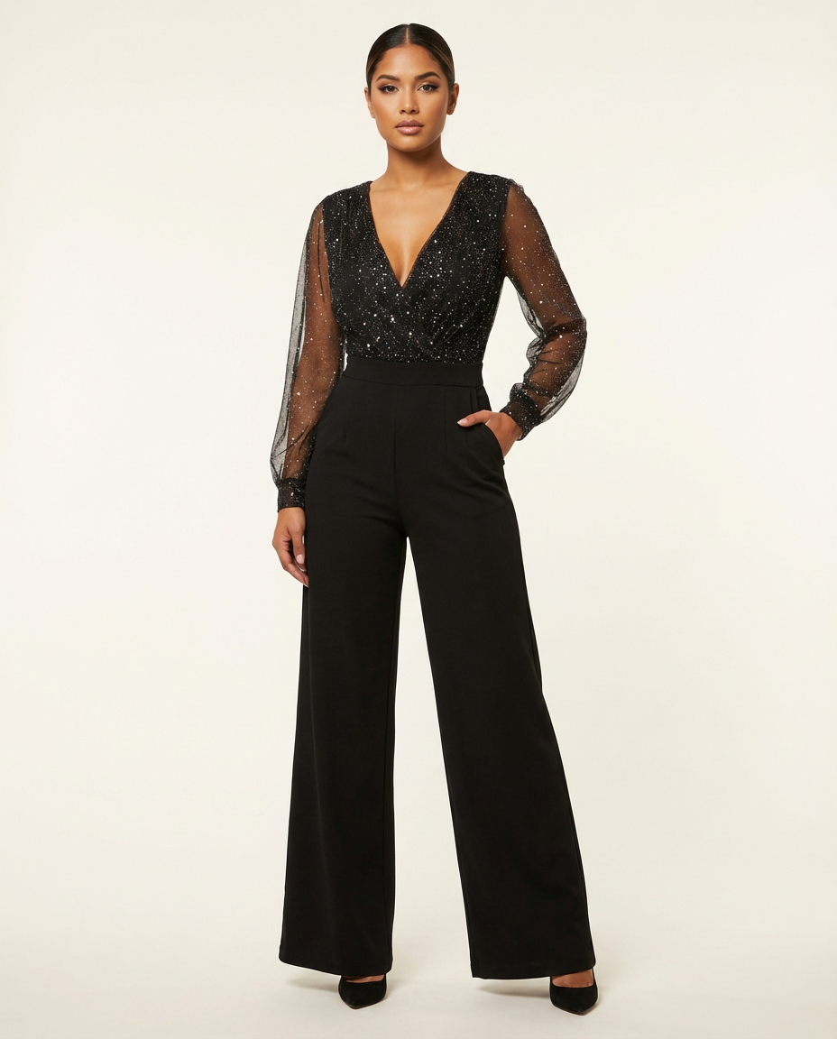Elegant Black Women's Jumpsuit with Sheer Sleeves - Emma
