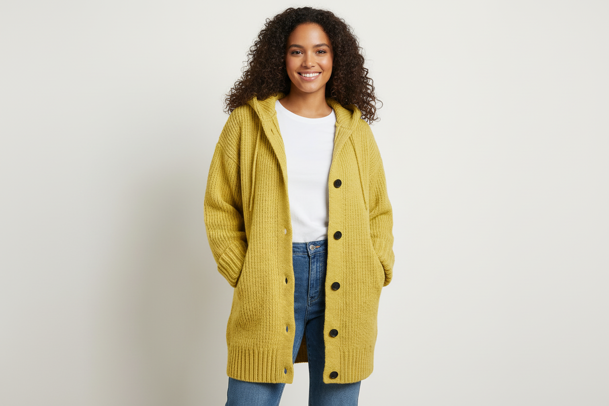Knitted Women's Hooded Cardigan with Buttons - Amy
