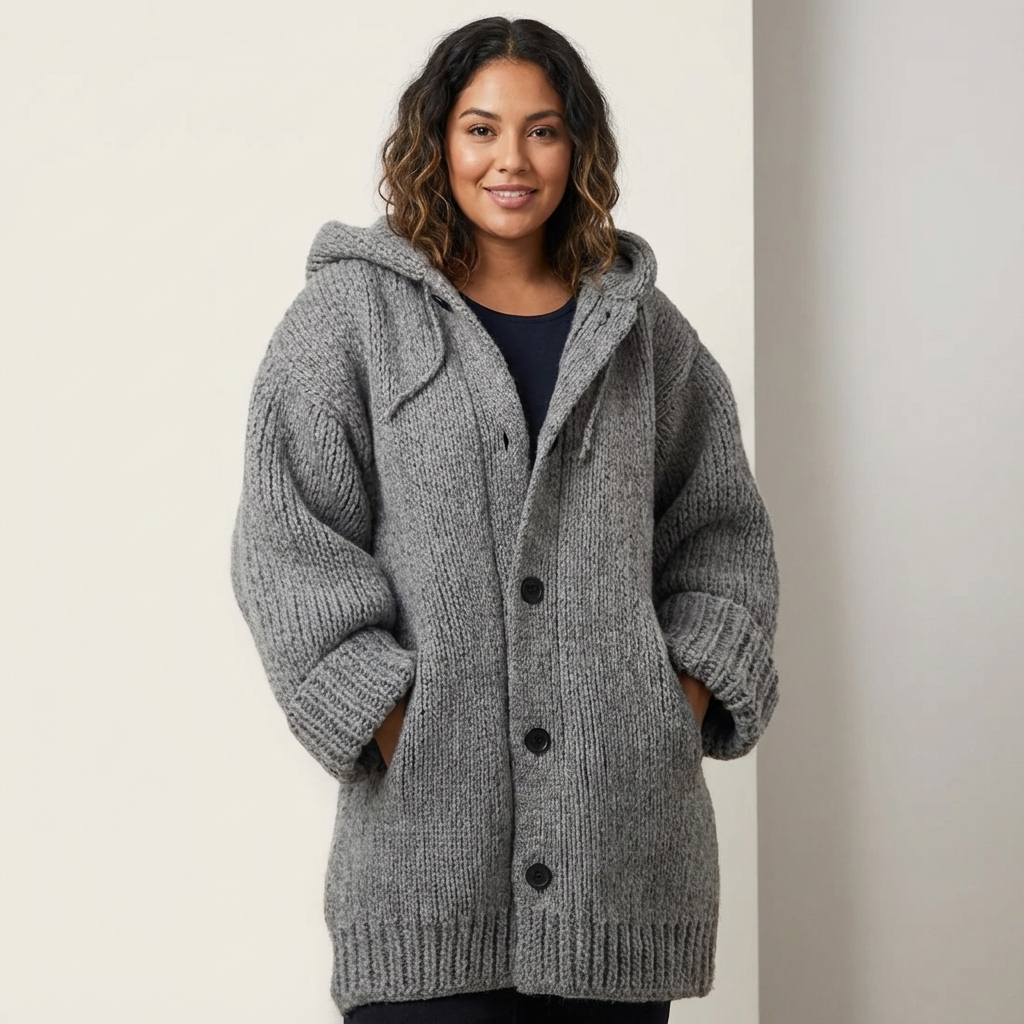 Knitted Women's Hooded Cardigan with Buttons - Amy