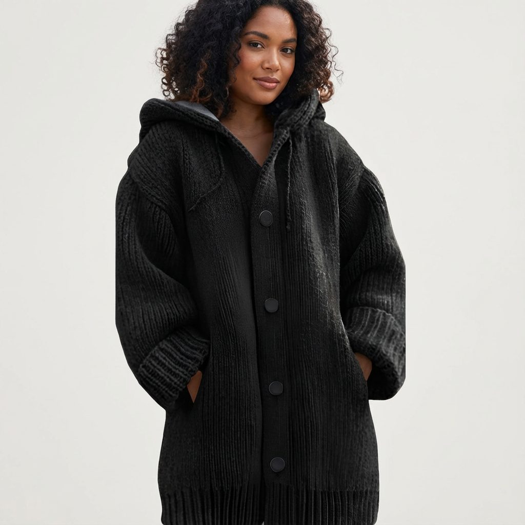 Knitted Women's Hooded Cardigan with Buttons - Amy