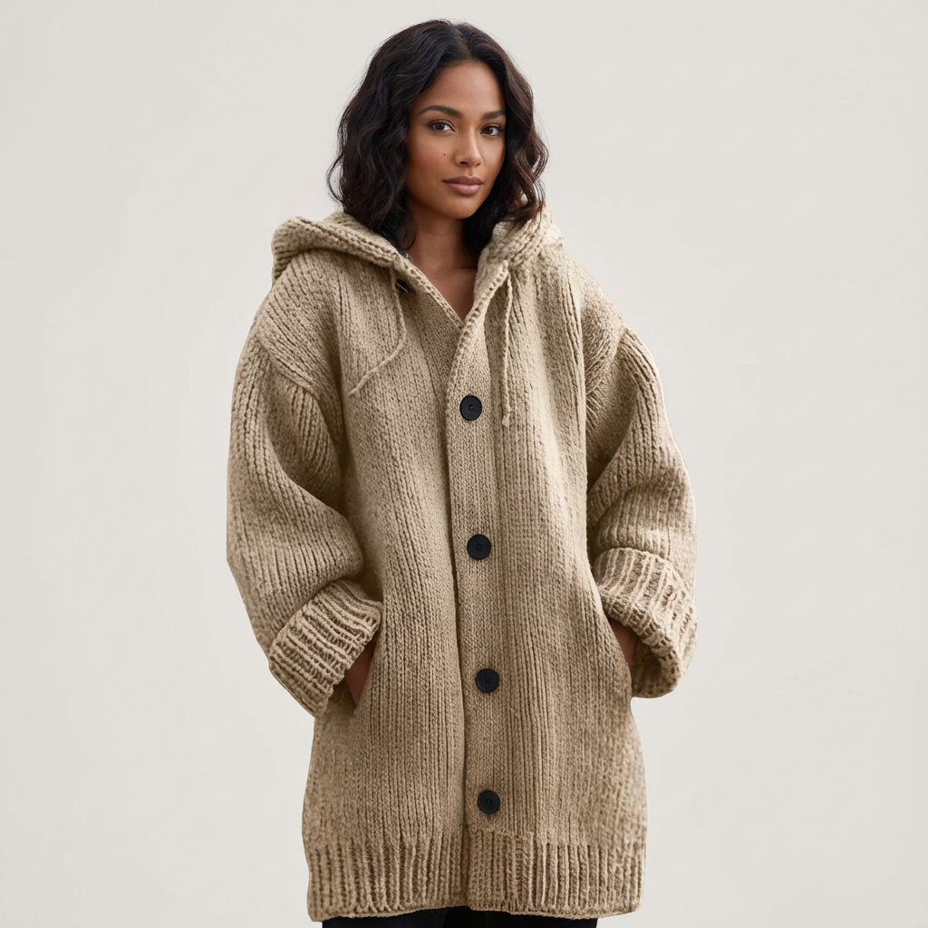 Knitted Women's Hooded Cardigan with Buttons - Amy
