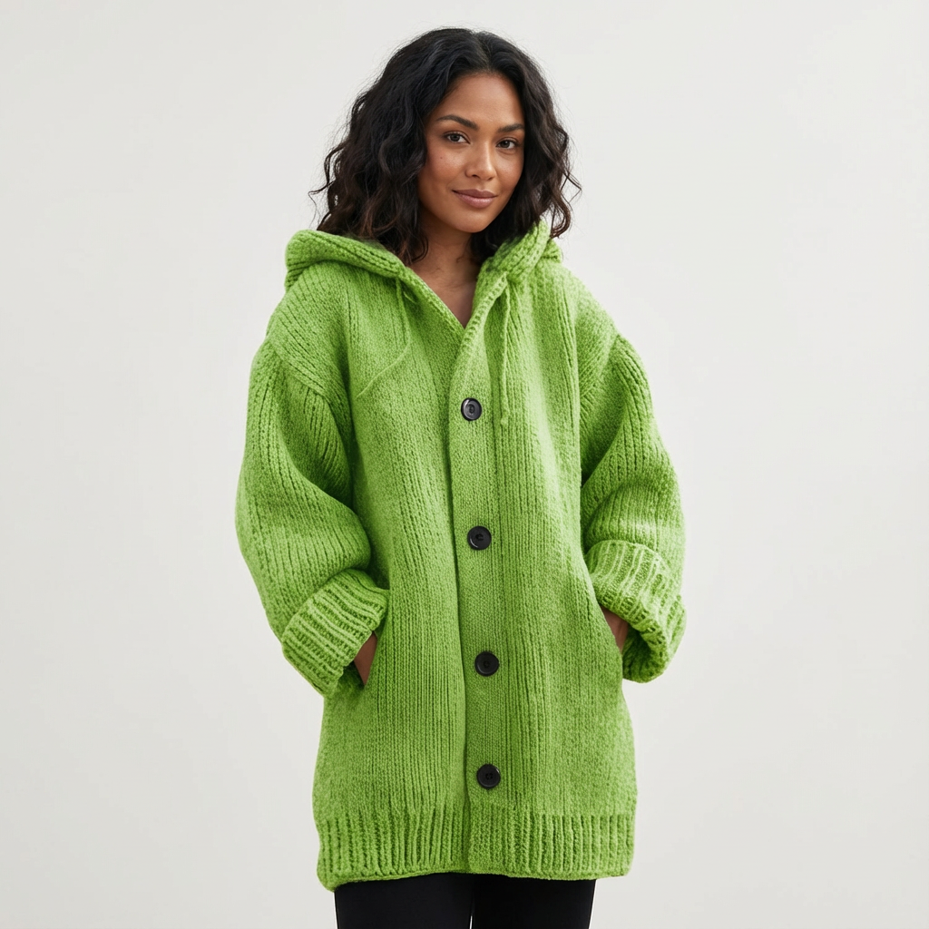 Knitted Women's Hooded Cardigan with Buttons - Amy