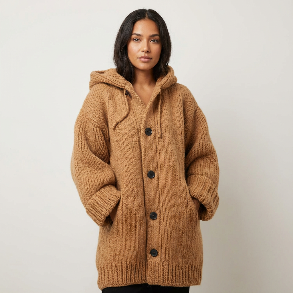 Knitted Women's Hooded Cardigan with Buttons - Amy