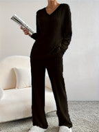 Ribbed Lounge Set for Women with V-Neck - Elena