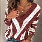 Striped Women's Sweater with V-Neck and Soft Knit - Bodine