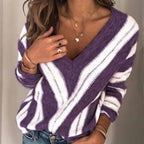 Striped Women's Sweater with V-Neck and Soft Knit - Bodine