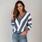Striped Women's Sweater with V-Neck and Soft Knit - Bodine