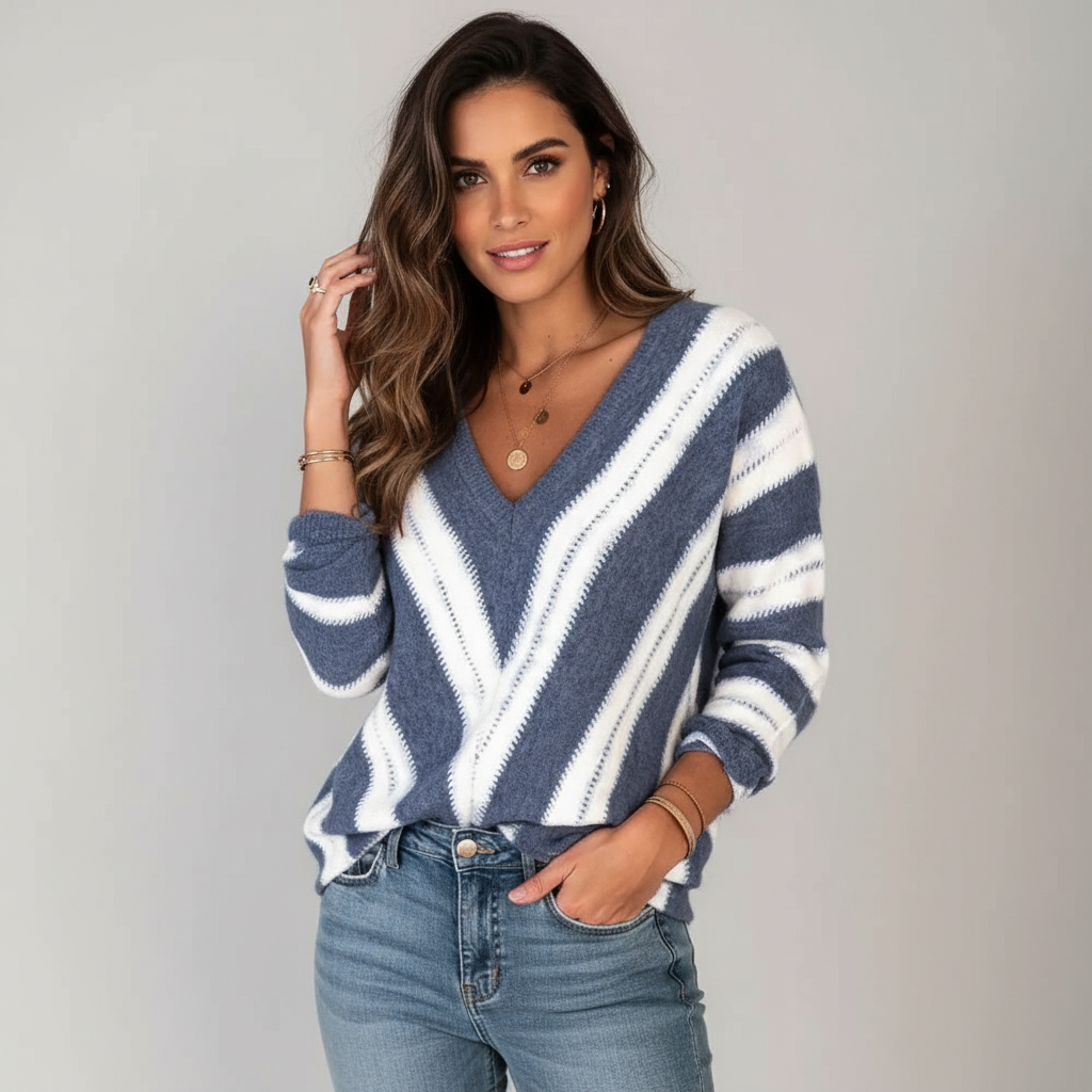 Striped Women's Sweater with V-Neck and Soft Knit - Bodine