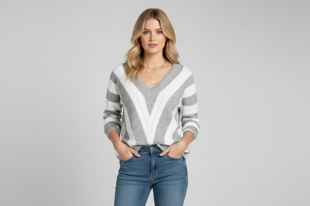 Striped Women's Sweater with V-Neck and Soft Knit - Bodine