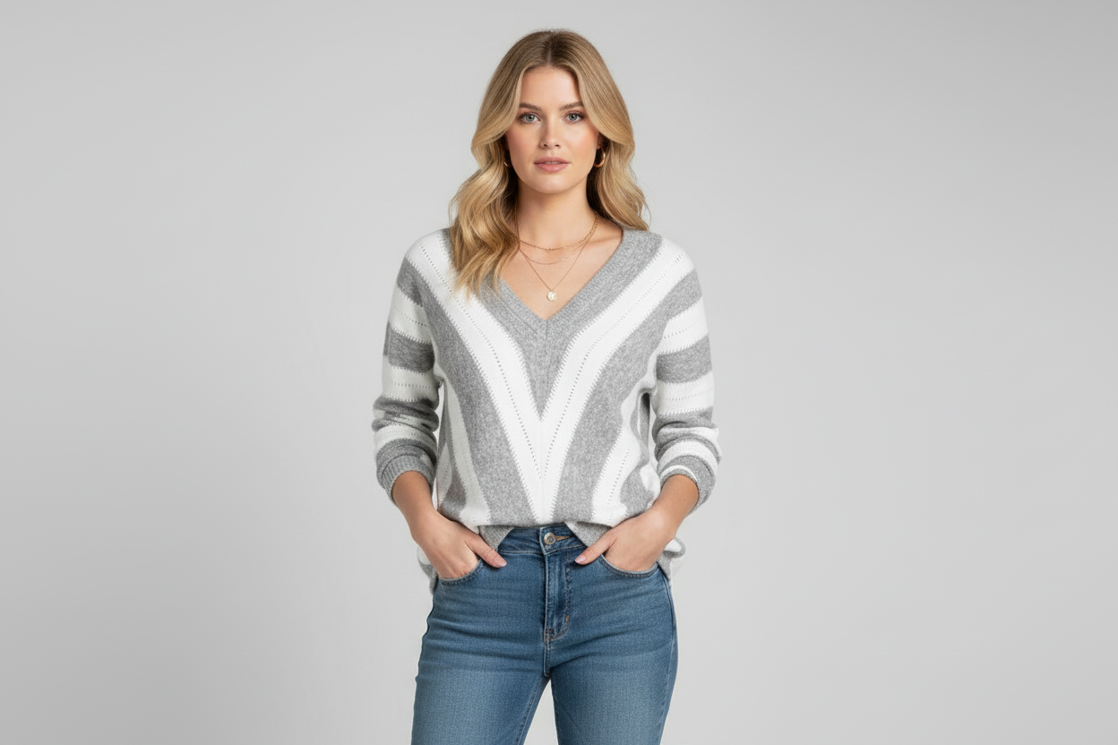 Striped Women's Sweater with V-Neck and Soft Knit - Bodine